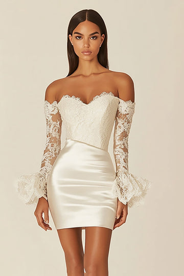 White Off The Shoulder Bodycon Lace Graduation Dress with Long Sleeves